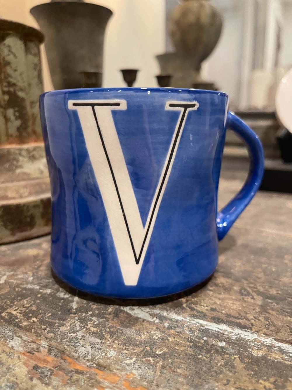 Anthropologie Blue Ceramic Monogram Handpainted Mug with White 'V'